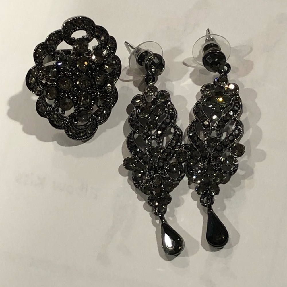 Lovely black crystal earrings and matching ring.